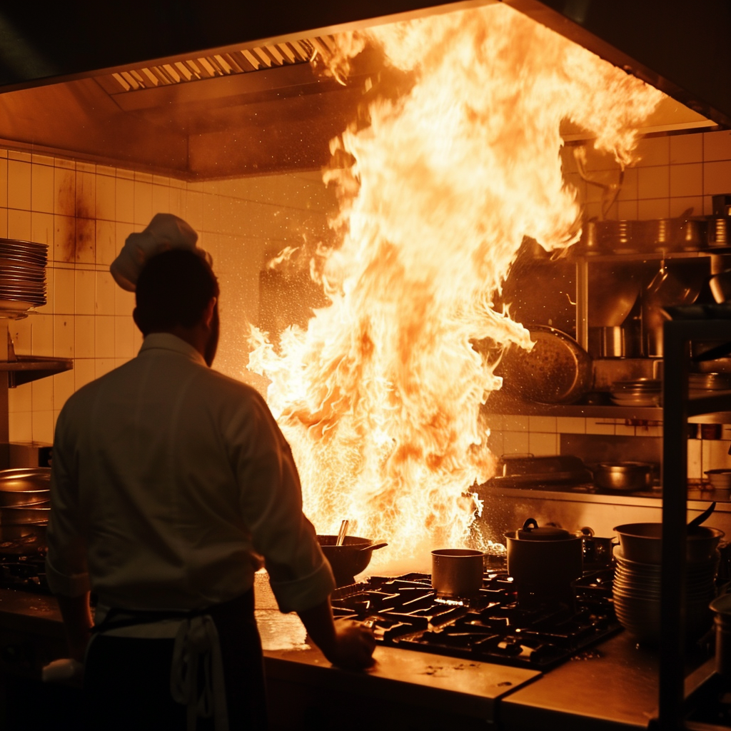 chef watching kitchen fire
